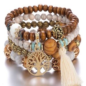 SHEIN Boho Wood Bead Stack Bracelet Set with Gold Tree Charm and Cream Tassel